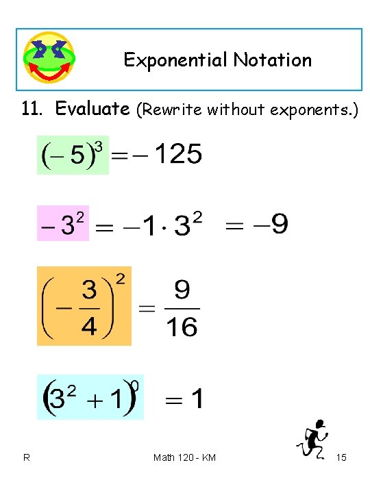 Exponential Notation 11. Evaluate (Rewrite without exponents. ) R Math 120 - KM 15