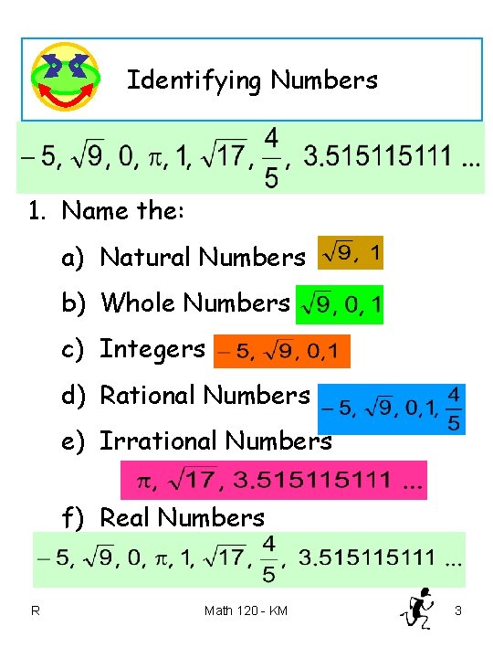 Identifying Numbers 1. Name the: a) Natural Numbers b) Whole Numbers c) Integers d)