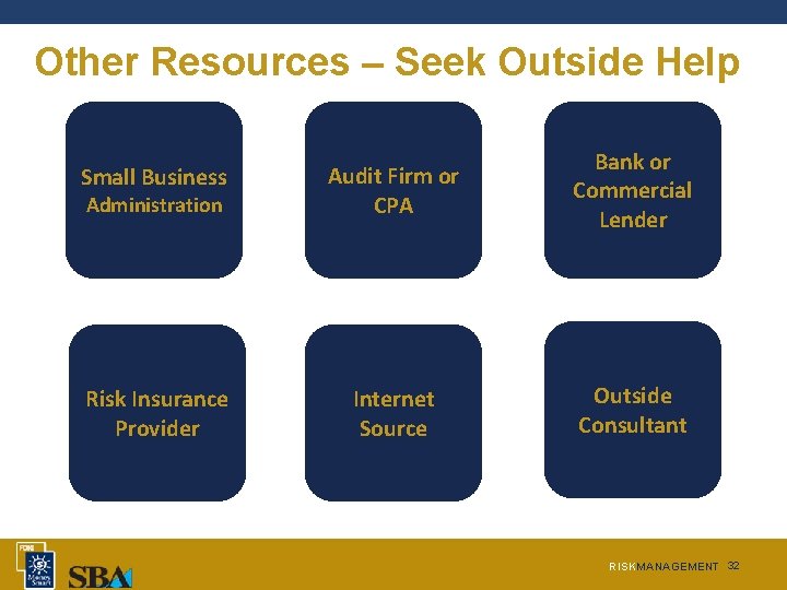 Other Resources – Seek Outside Help Small Business Administration Audit Firm or CPA Bank Other Resources – Seek Outside Help Small Business Administration Audit Firm or CPA Bank