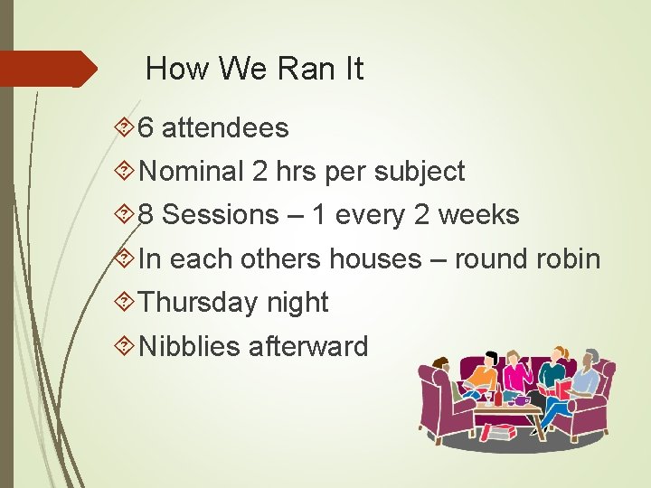 How We Ran It 6 attendees Nominal 2 hrs per subject 8 Sessions –