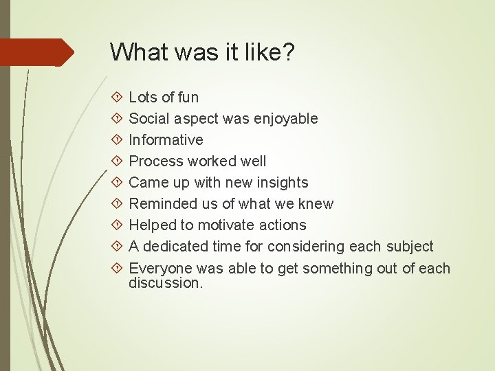 What was it like? Lots of fun Social aspect was enjoyable Informative Process worked