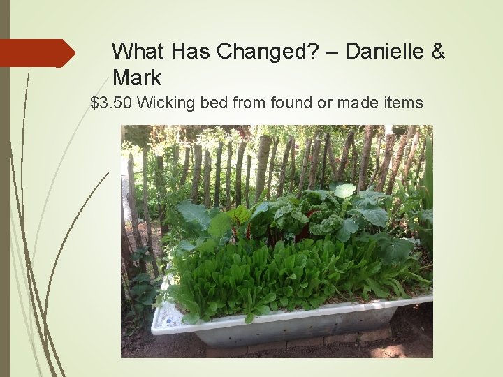 What Has Changed? – Danielle & Mark $3. 50 Wicking bed from found or