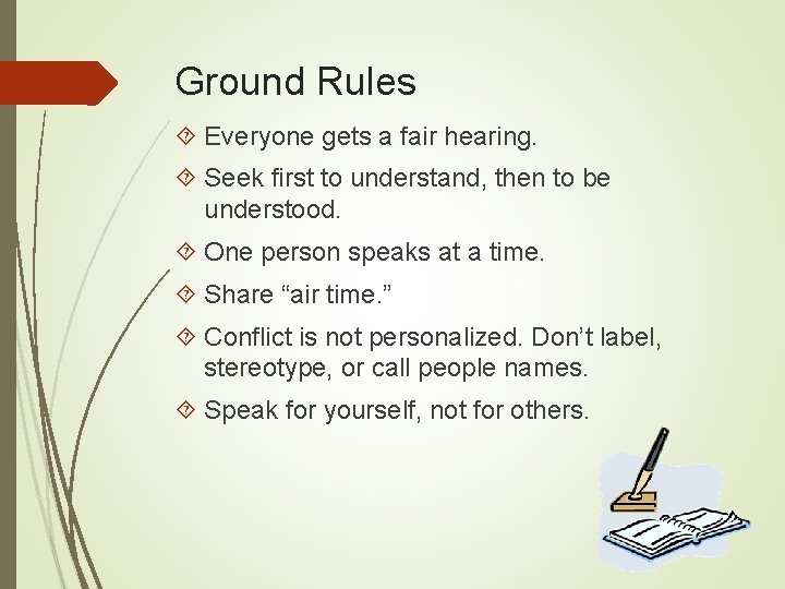 Ground Rules Everyone gets a fair hearing. Seek first to understand, then to be
