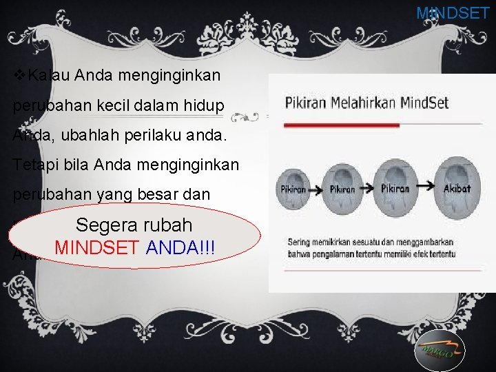 MINDSET v. Kalau Anda menginginkan perubahan kecil dalam hidup Anda, ubahlah perilaku anda. Tetapi