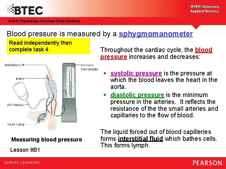 Unit 8: Physiology of Human Body Systems Blood pressure is measured by a sphygmomanometer
