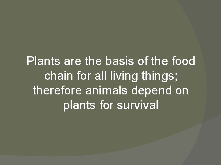 Plants are the basis of the food chain for all living things; therefore animals
