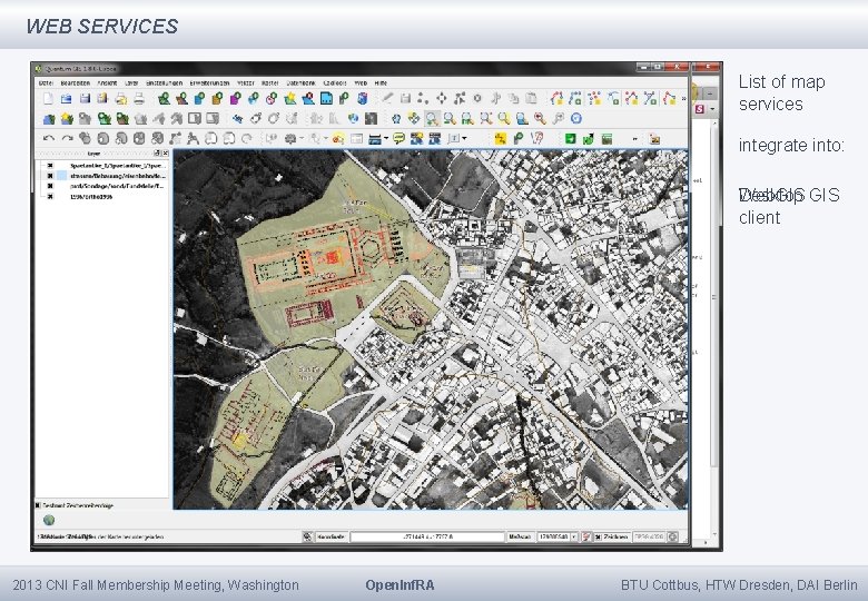 WEB SERVICES List of map services integrate into: Desktop GIS Web. GIS client 2013