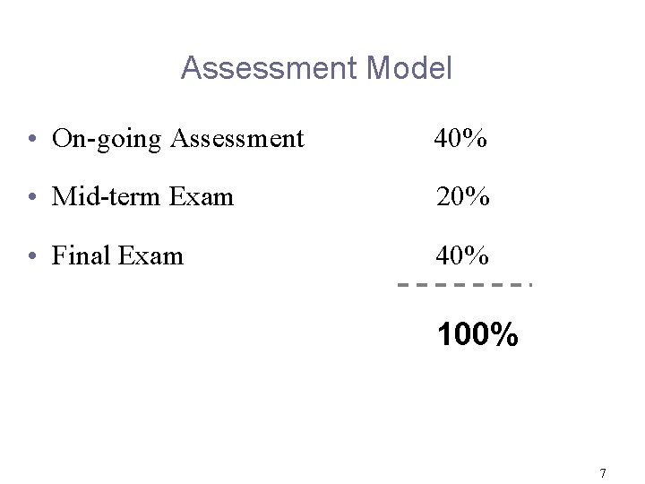 Assessment Model • On-going Assessment 40% • Mid-term Exam 20% • Final Exam 40%