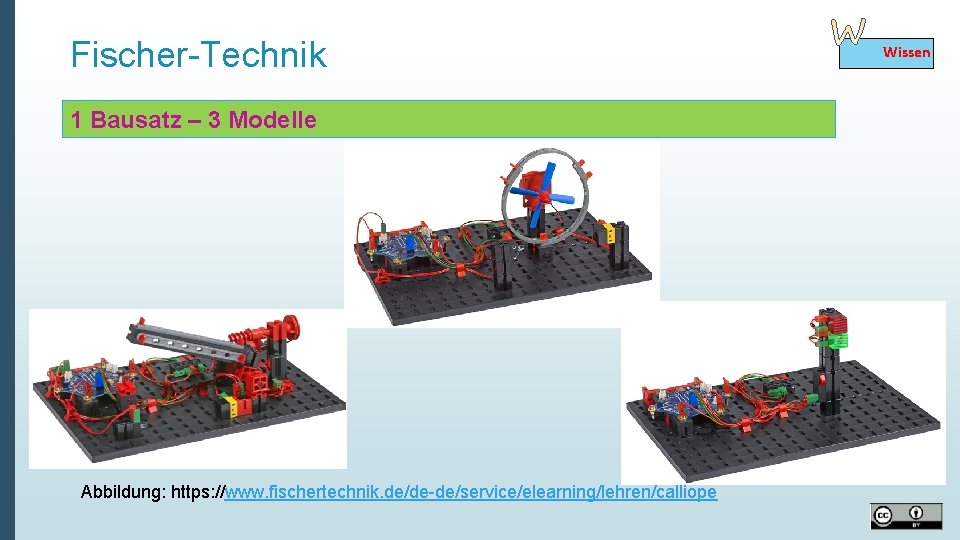 Fischer-Technik 1 Bausatz – 3 Modelle Abbildung: https: //www. fischertechnik. de/de-de/service/elearning/lehren/calliope Wissen 