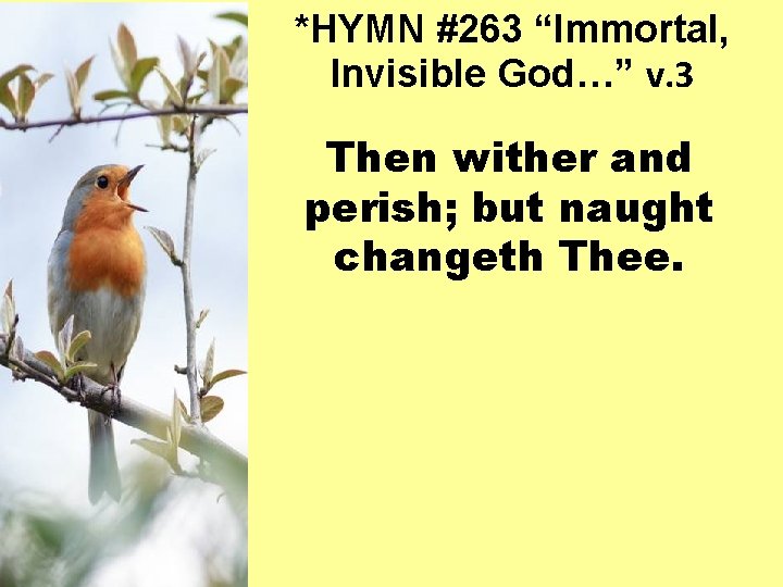 *HYMN #263 “Immortal, Invisible God…” v. 3 Then wither and perish; but naught changeth