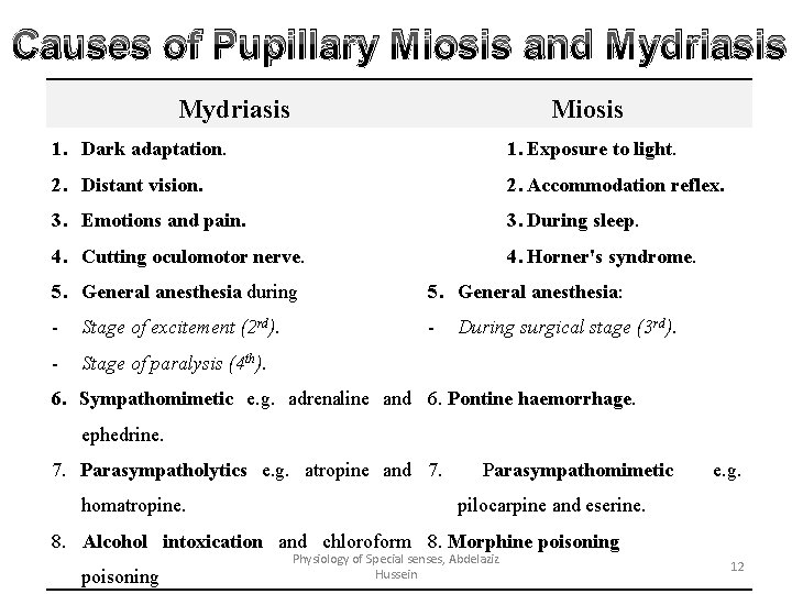 Causes of Pupillary Miosis and Mydriasis Miosis 1. Dark adaptation. 1. Exposure to light.