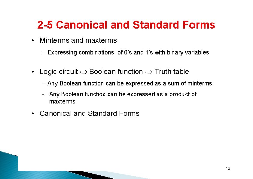 2 -5 Canonical and Standard Forms • Minterms and maxterms – Expressing combinations of