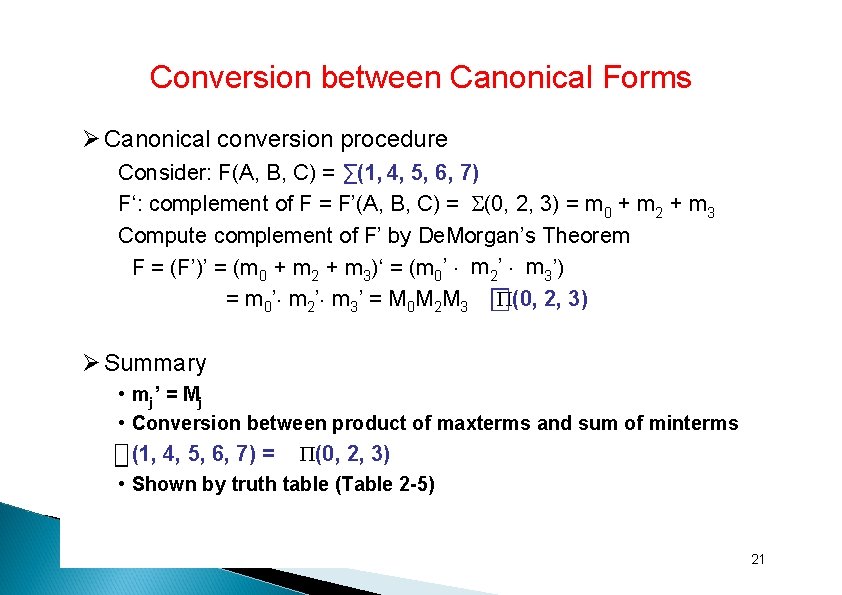 Conversion between Canonical Forms Canonical conversion procedure Consider: F(A, B, C) = ∑(1, 4,