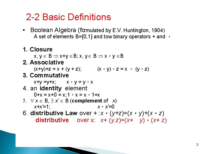 2 -2 Basic Definitions • Boolean Algebra (formulated by E. V. Huntington, 1904) A