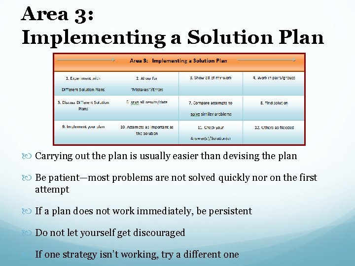 Area 3: Implementing a Solution Plan Carrying out the plan is usually easier than
