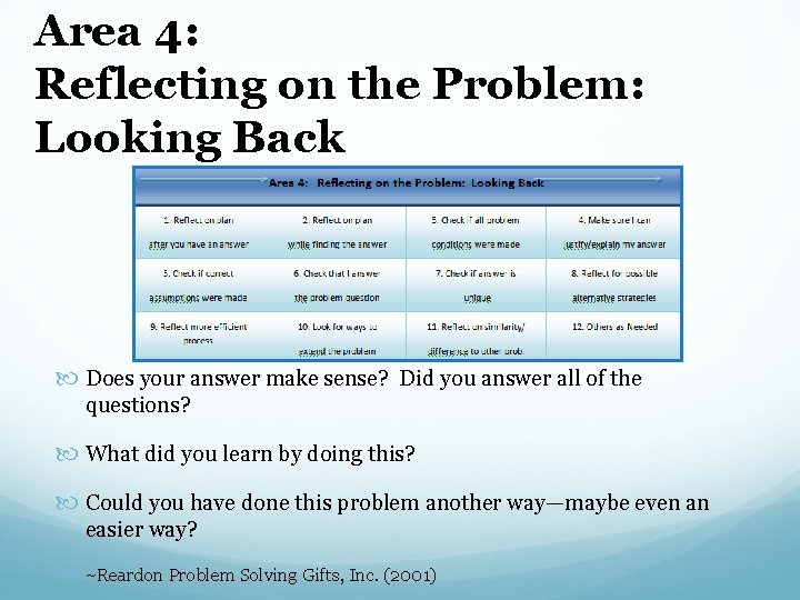 Area 4: Reflecting on the Problem: Looking Back Does your answer make sense? Did