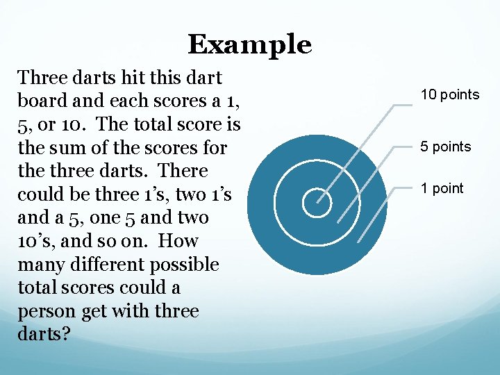 Example Three darts hit this dart board and each scores a 1, 5, or