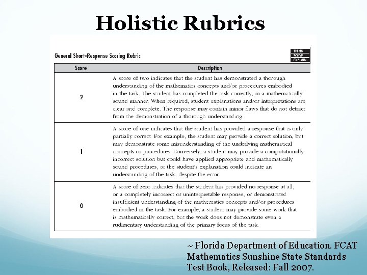 Holistic Rubrics ~ Florida Department of Education. FCAT Mathematics Sunshine State Standards Test Book,