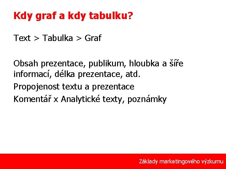 Kdy graf a kdy tabulku? Text > Tabulka > Graf Obsah prezentace, publikum, hloubka