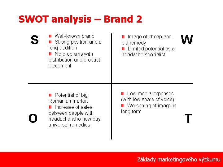 SWOT analysis – Brand 2 S O 53 Well-known brand Strong position and a