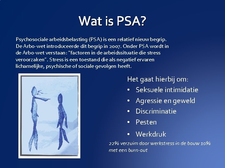 Wat is PSA? Psychosociale arbeidsbelasting (PSA) is een relatief nieuw begrip. De Arbo-wet introduceerde