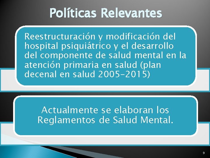 Políticas Relevantes Reestructuración y modificación del hospital psiquiátrico y el desarrollo del componente de