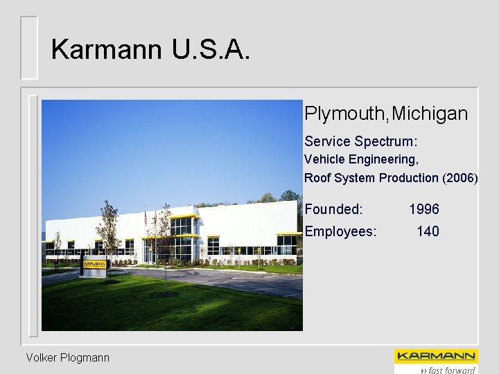 Karmann U. S. A. Plymouth, Michigan Service Spectrum: Vehicle Engineering, Roof System Production (2006)