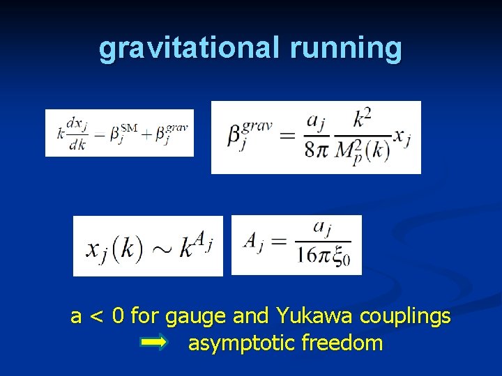 gravitational running a < 0 for gauge and Yukawa couplings asymptotic freedom 