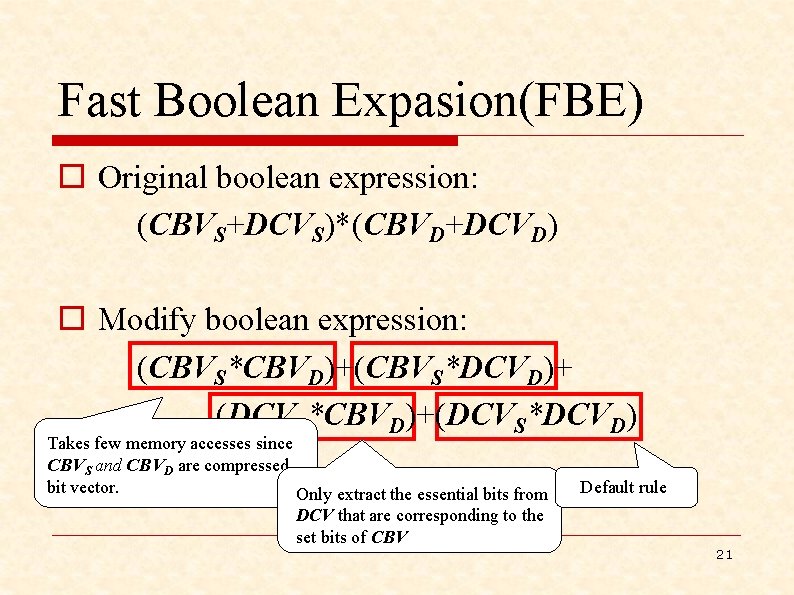 Fast Boolean Expasion(FBE) o Original boolean expression: (CBVS+DCVS)*(CBVD+DCVD) o Modify boolean expression: (CBVS*CBVD)+(CBVS*DCVD)+ (DCVS*CBVD)+(DCVS*DCVD)