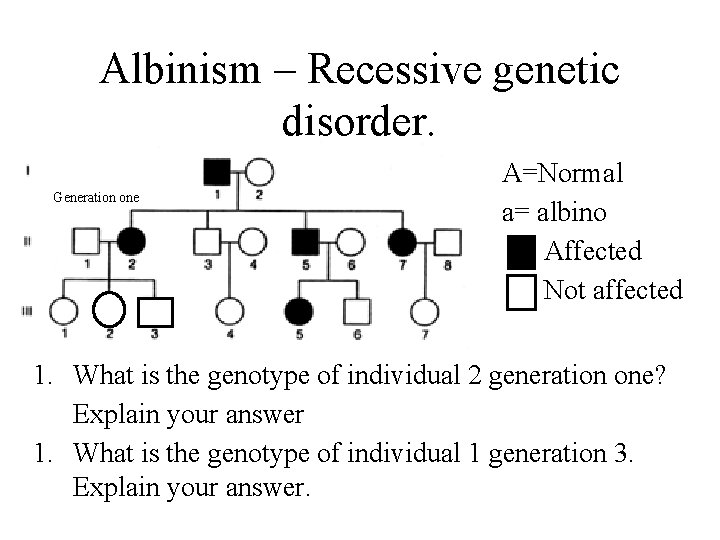 Albinism – Recessive genetic disorder. Generation one • • A=Normal a= albino Affected Not