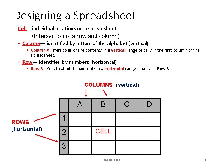 Designing a Spreadsheet Cell – individual locations on a spreadsheet (intersection of a row