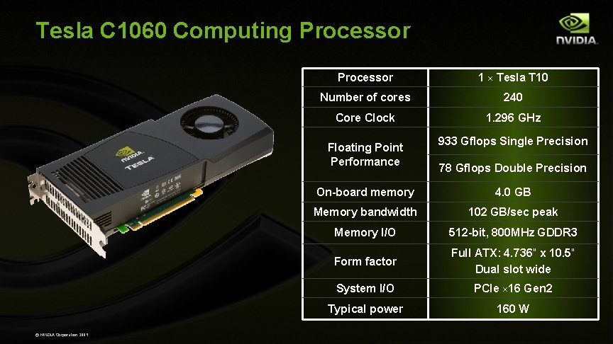 Tesla C 1060 Computing Processor 1 × Tesla T 10 Number of cores 240