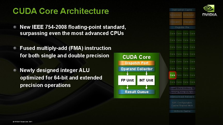 CUDA Core Architecture Instruction Cache Scheduler Dispatch New IEEE 754 -2008 floating-point standard, surpassing