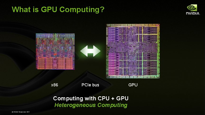 What is GPU Computing? x 86 PCIe bus GPU Computing with CPU + GPU