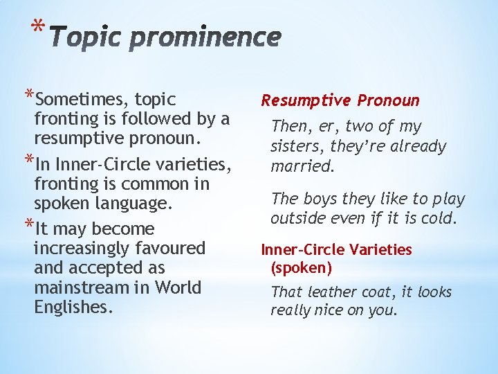 * *Sometimes, topic fronting is followed by a resumptive pronoun. *In Inner-Circle varieties, fronting