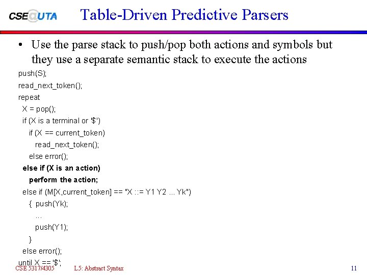 Table-Driven Predictive Parsers • Use the parse stack to push/pop both actions and symbols