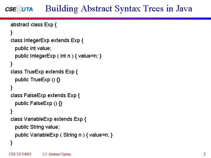 Building Abstract Syntax Trees in Java abstract class Exp { } class Integer. Exp