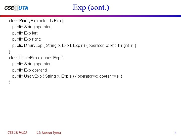 Exp (cont. ) class Binary. Exp extends Exp { public String operator; public Exp