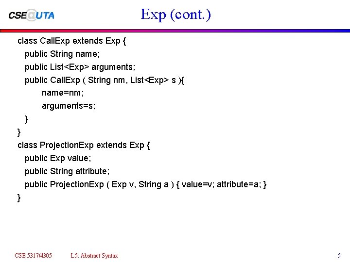 Exp (cont. ) class Call. Exp extends Exp { public String name; public List<Exp>