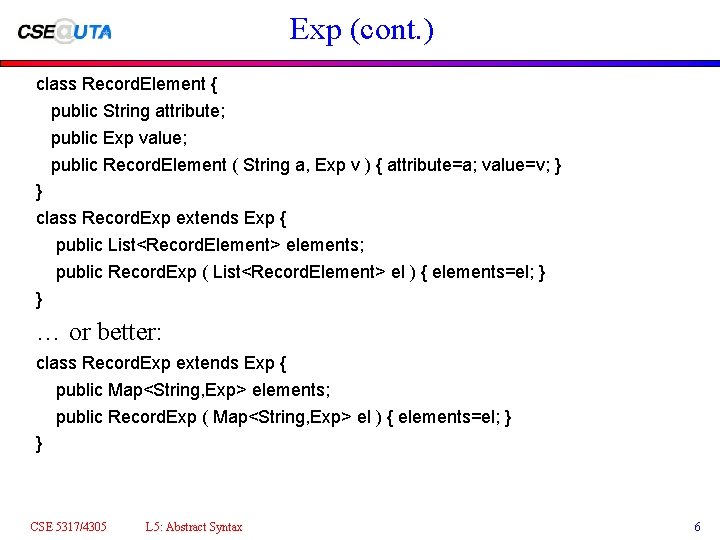 Exp (cont. ) class Record. Element { public String attribute; public Exp value; public