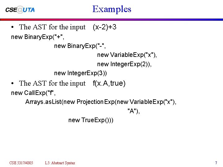 Examples • The AST for the input (x-2)+3 new Binary. Exp("+", new Binary. Exp("-",