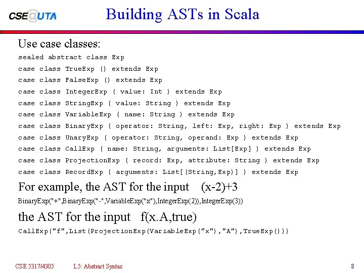 Building ASTs in Scala Use case classes: sealed abstract class Exp case class True.