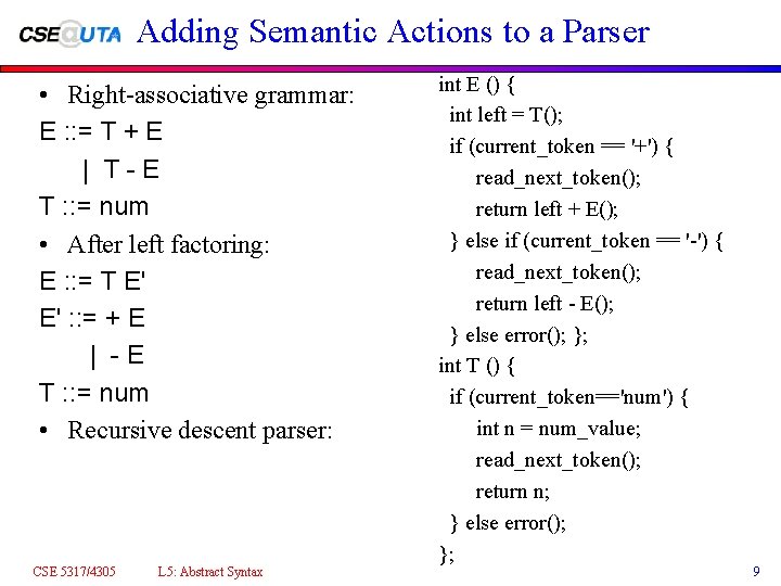 Adding Semantic Actions to a Parser • Right-associative grammar: E : : = T