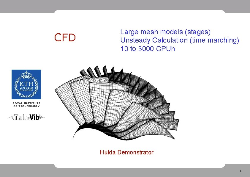 CFD Large mesh models (stages) Unsteady Calculation (time marching) 10 to 3000 CPUh Hulda
