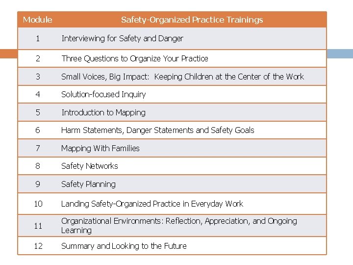 Module Safety-Organized Practice Trainings 1 Interviewing for Safety and Danger 2 Three Questions to