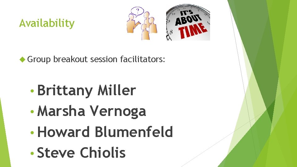 Availability Group breakout session facilitators: • Brittany Miller • Marsha Vernoga • Howard Blumenfeld