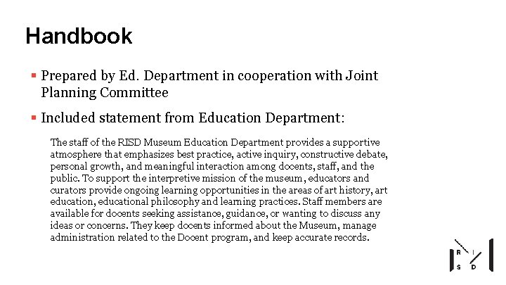 Handbook § Prepared by Ed. Department in cooperation with Joint Planning Committee § Included