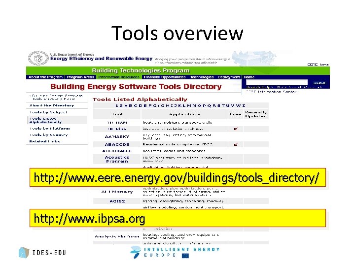 Tools overview http: //www. eere. energy. gov/buildings/tools_directory/ http: //www. ibpsa. org 