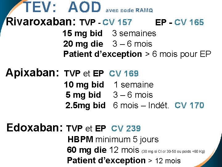 TEV: AOD avec code RAMQ Rivaroxaban: TVP - CV 157 EP - CV 165