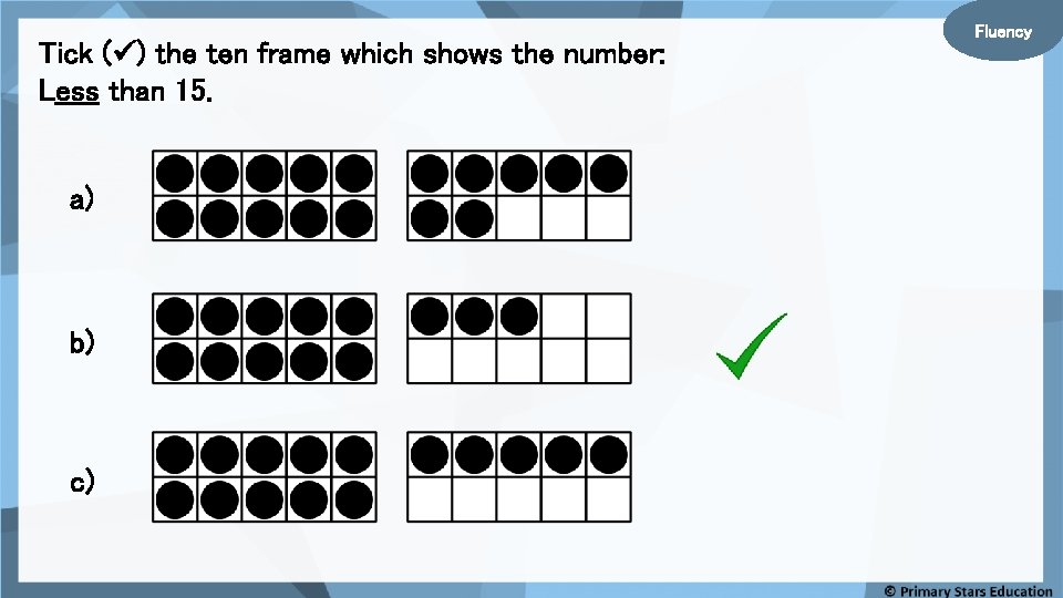 Tick ( ) the ten frame which shows the number: Less than 15. a)